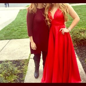 Red V Cut Prom Dress